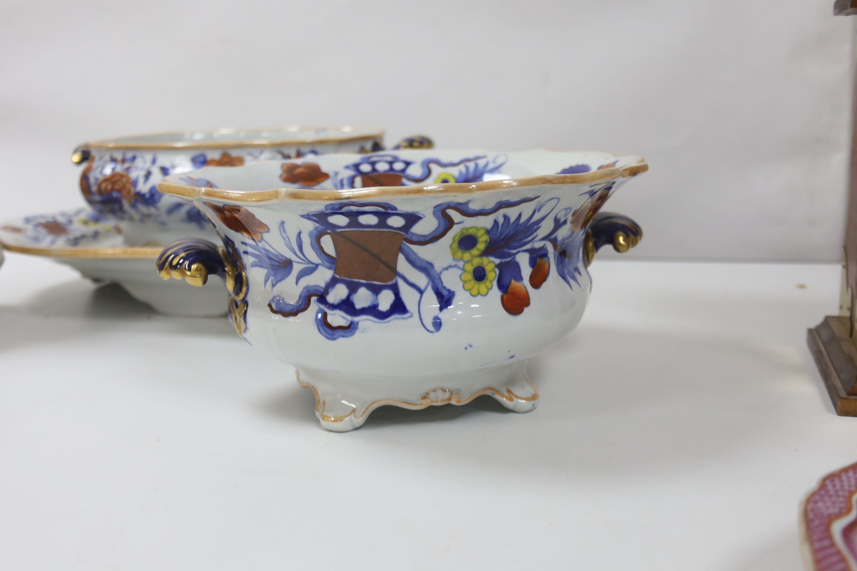 A19th century Ironstone meat platter, jug and 2 tureens, meat platter 48 cms wide.